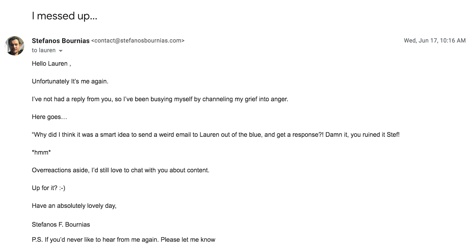 second follow-up email to Lauren