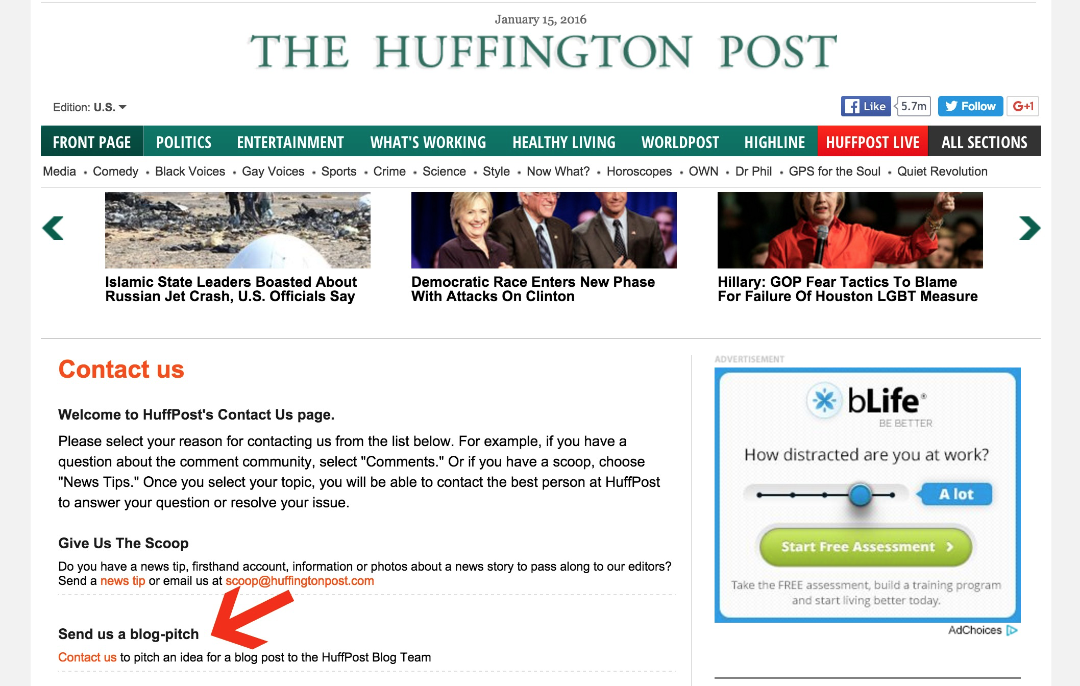 Screenshot of "send us a blog pitch" option on the huffington post