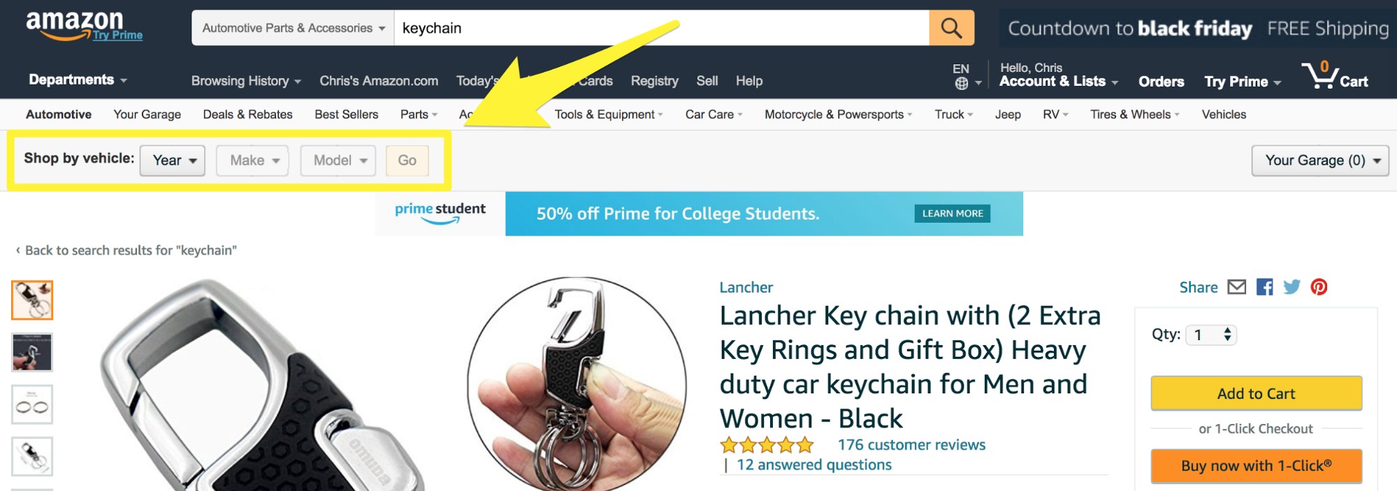 Screenshot showing the "shop by vehicle" option on amazon