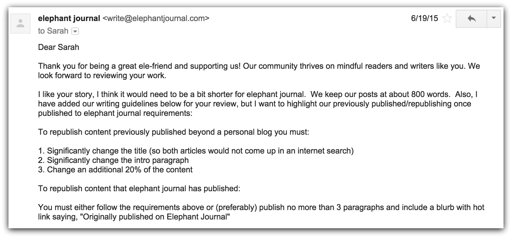 Screenshot showing an email from the elphant journal about republishing