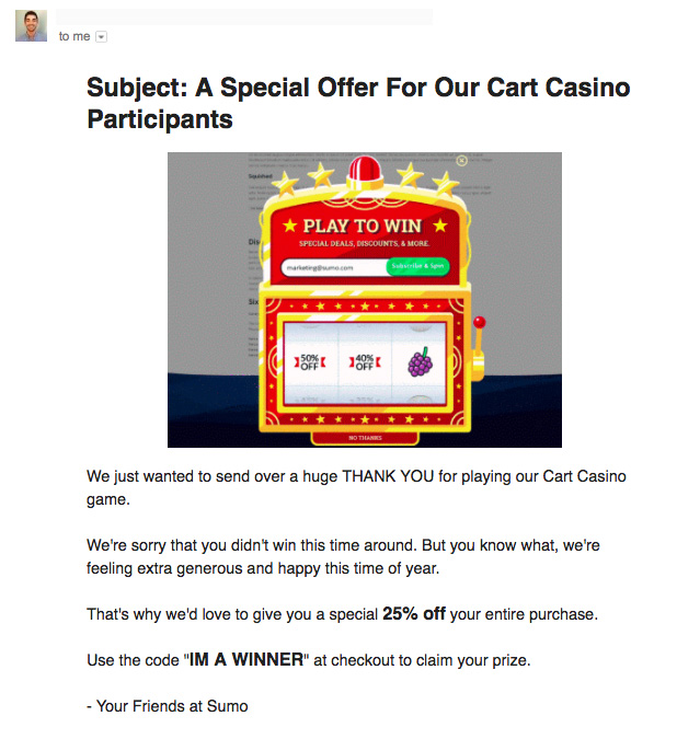 Screenshot showing an email about cart casino