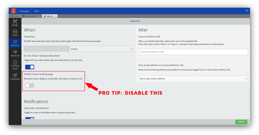 Screenshot of behavioral settings on the Sumo dashboard