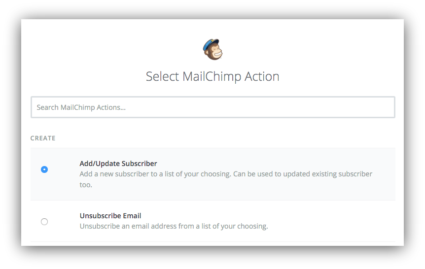 Screenshot showing what actions you can choose on the mailchimp dashboard