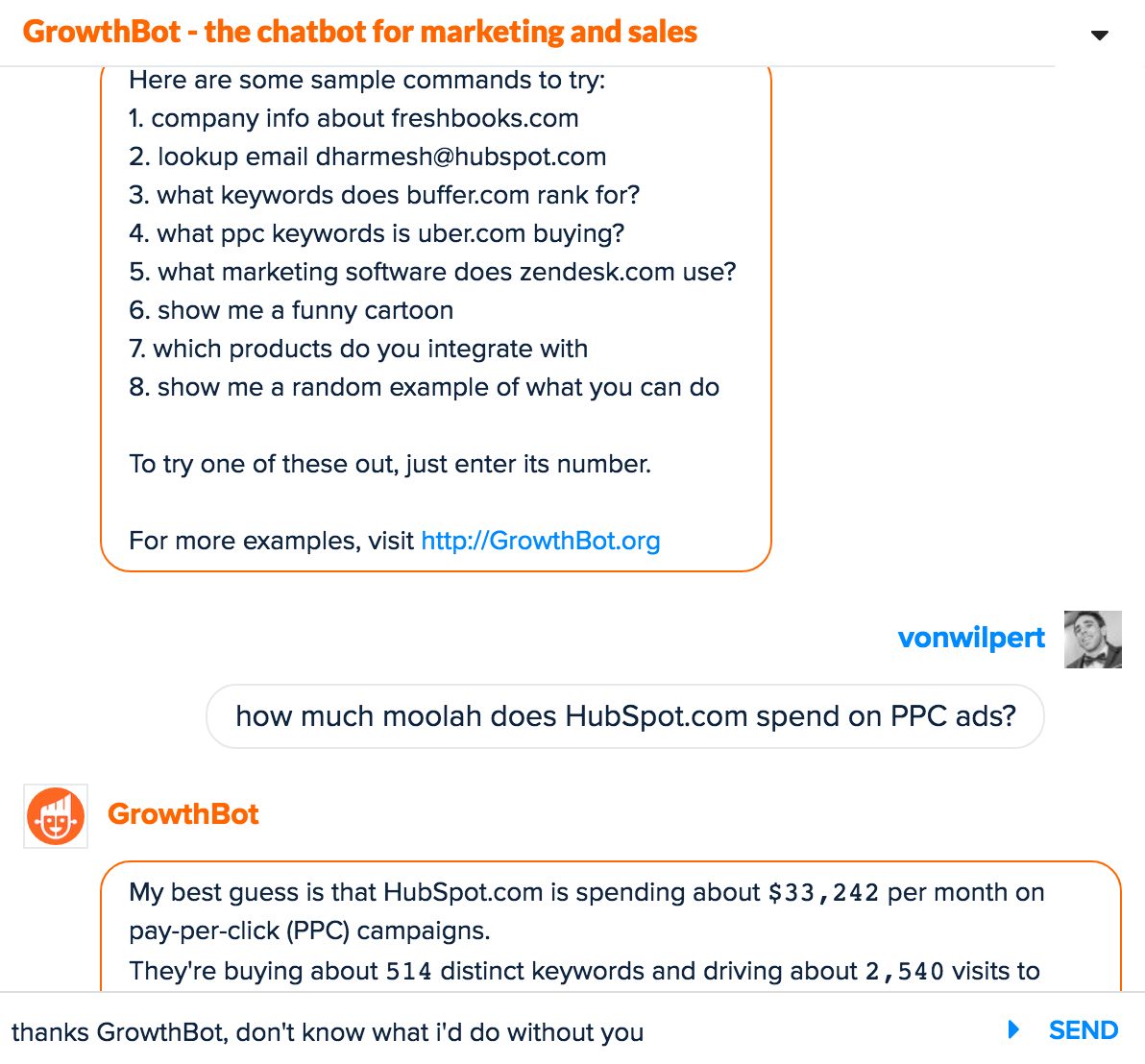Screenshot showing conversation between someone and GrowthBot