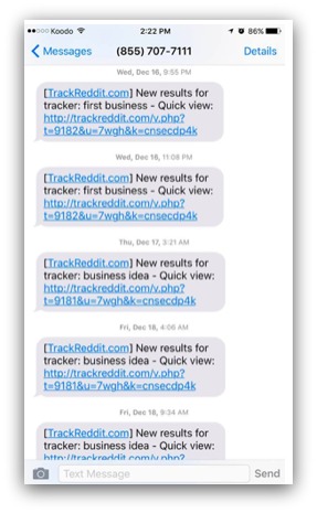 Screenshot of trackreddit in action, sending texts