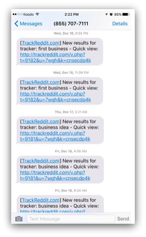 Screenshot of trackreddit in action, sending texts