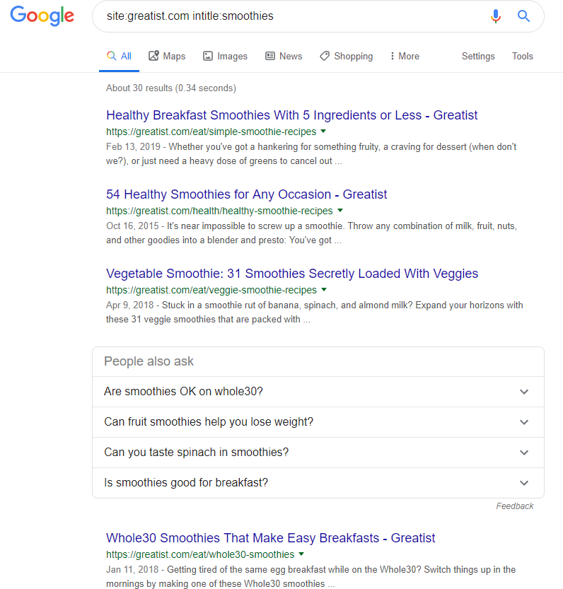 Screenshot of search results for posts on smoothies from Greatist