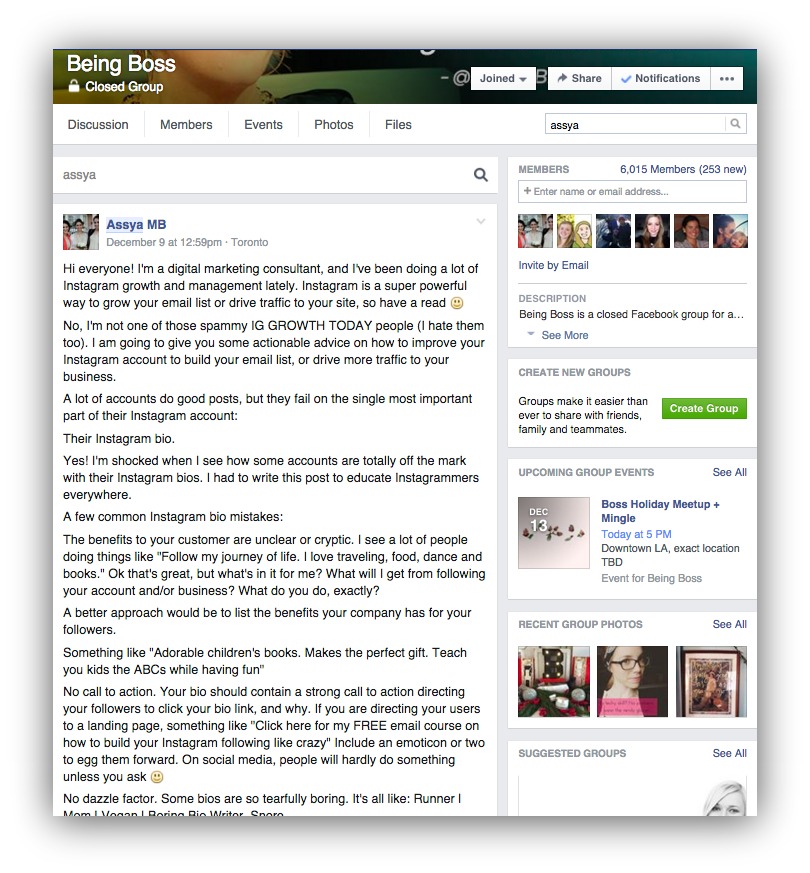 Screenshot of a post example on a closed facebook group