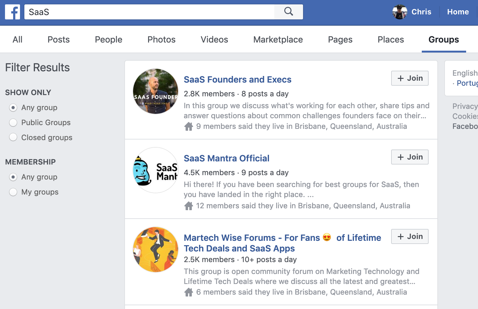 Screenshot showing Facebook groups