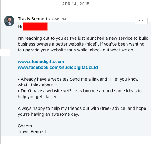 LinkedIn message from Travis Bennett, Founder of Studio Digita