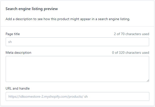 Screenshot showing Shopify product SEO setting