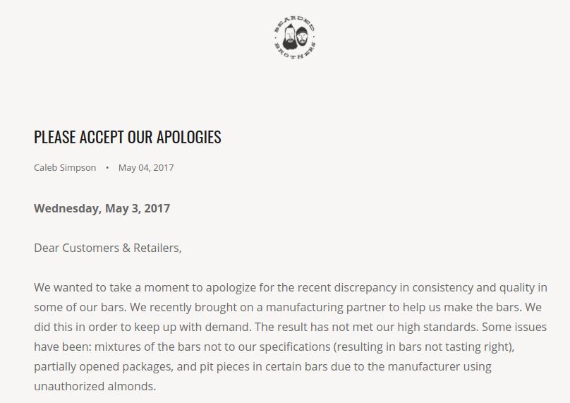 Screenshot showing an apology letter