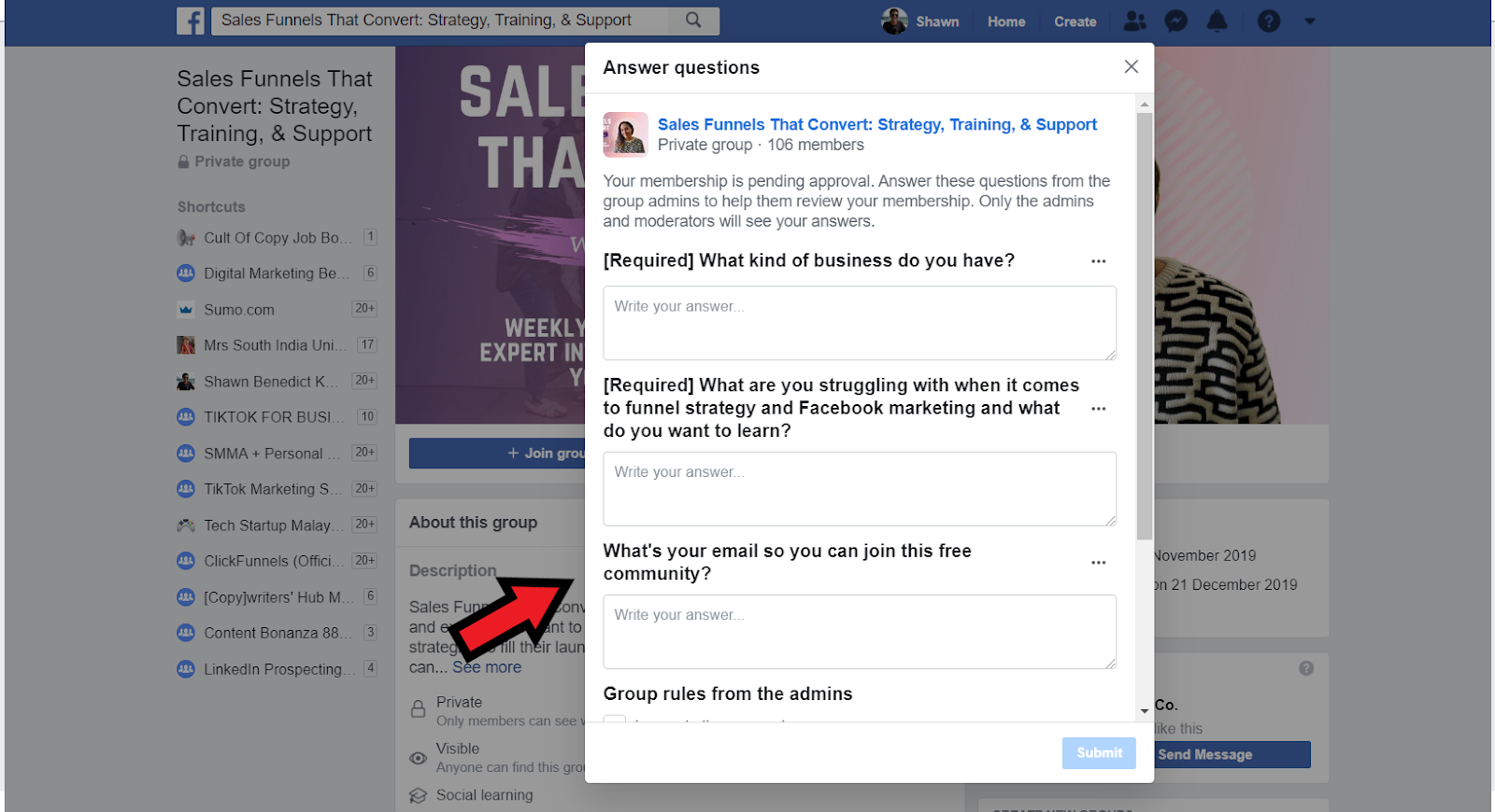 How To Build An Email List: Screenshot of questions to join Facebook group, which includes request for email address