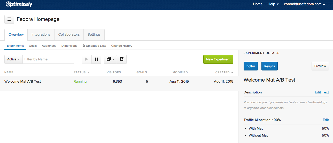 Screenshot showing a page on optimizely