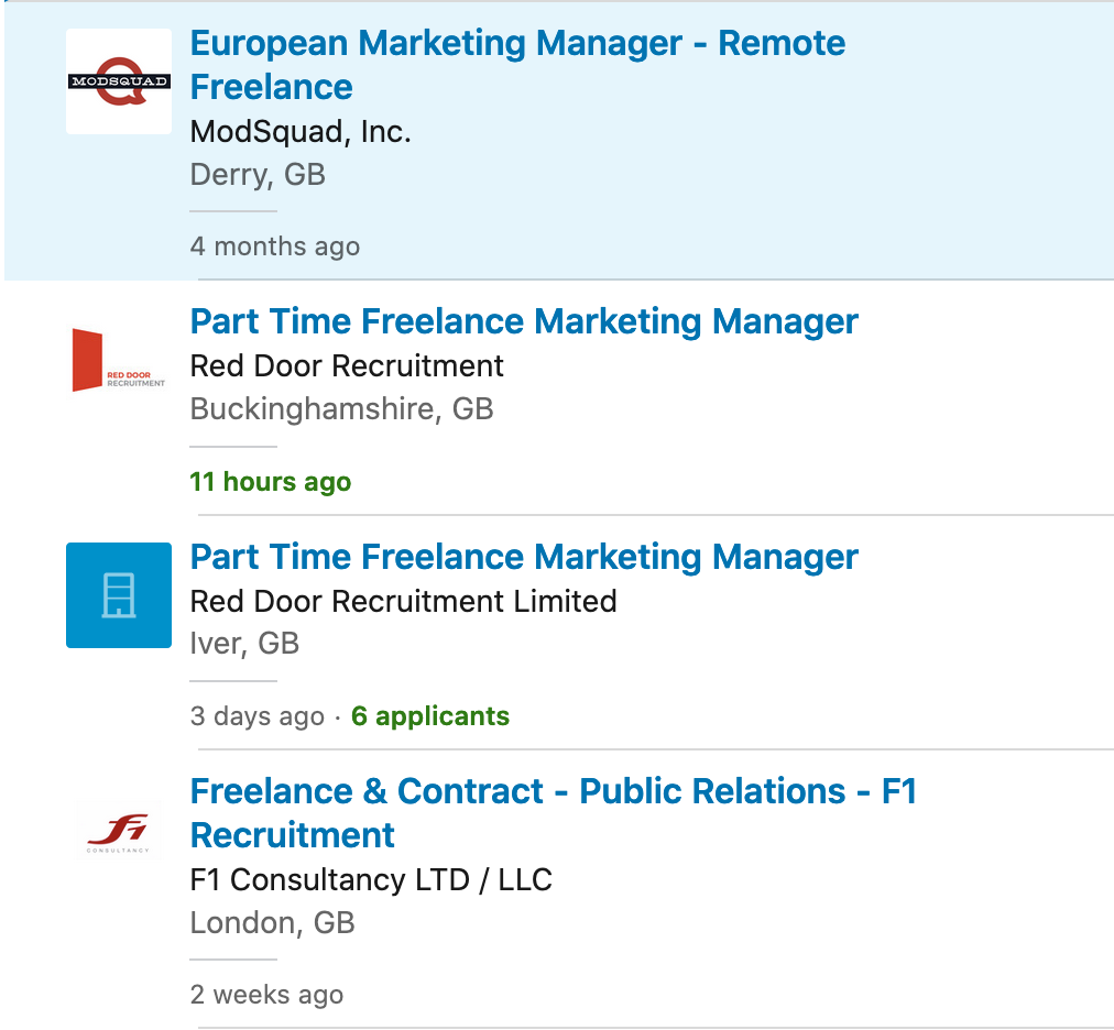 Screenshot of LinkedIn freelance roles search result
