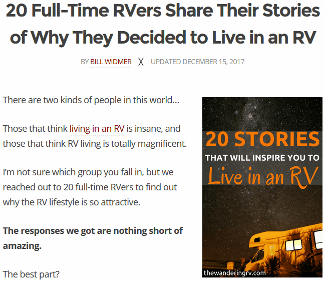 Screenshot showing information and copy about an RV story