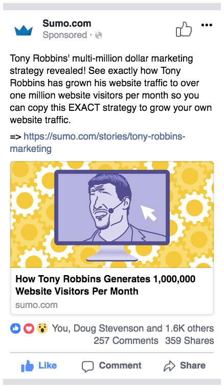 Screenshot showing a content promotion ad on Facebook published by Sumo