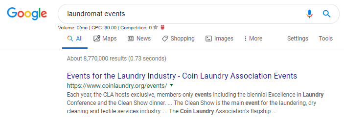 Screenshot of Google search results for "laundromat events"
