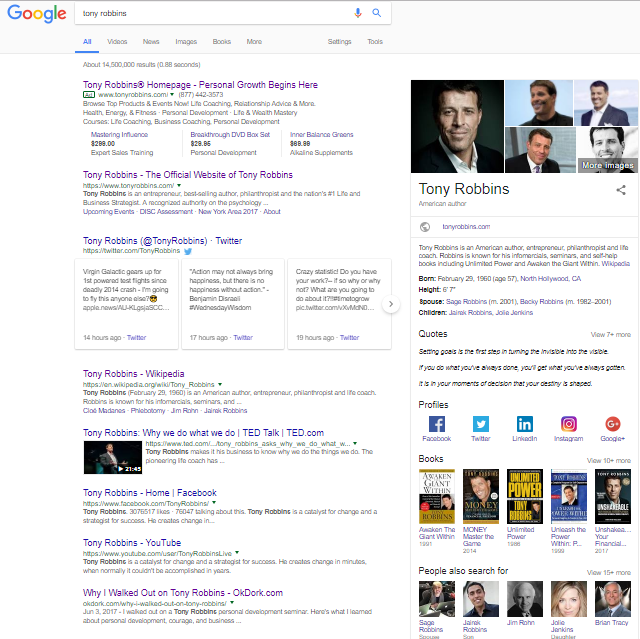 Screenshot of a google search on Tony Robbins