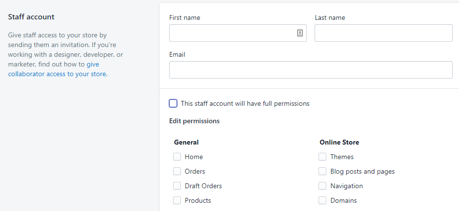 Screenshot showing Shopify staff account settings